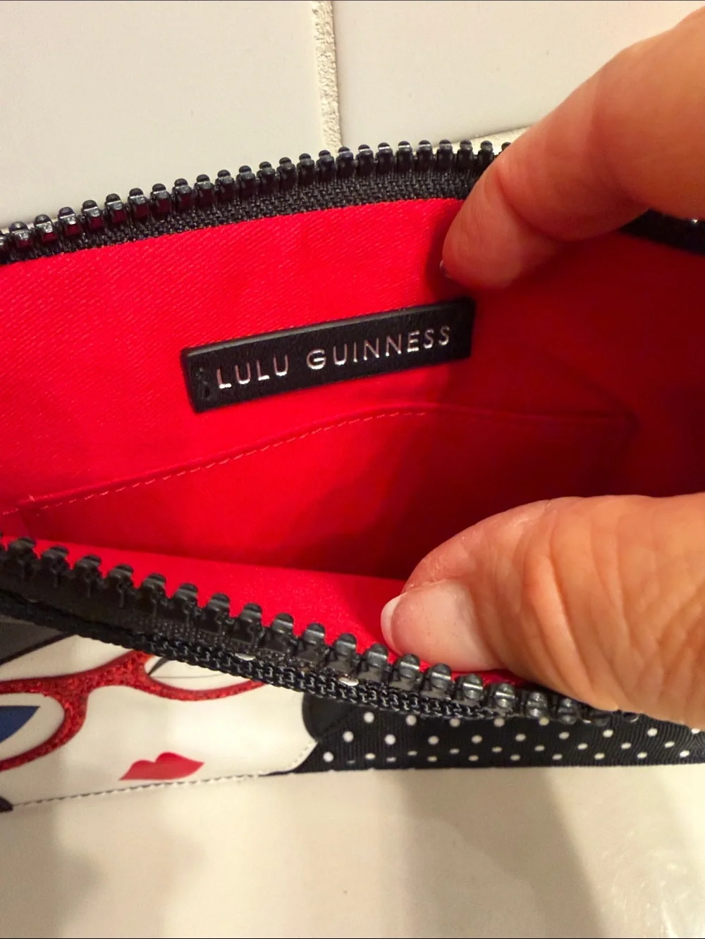 Lulu Guinness London Black Polka Dot Wristlet with Red Glitter Glasses